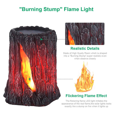 Solar Powered Outdoor Torch Lights 2 Pack Realistic Flame Effect Stump Lanterns For Garden, patio, pathway, deck, and yard decor in resin copper finish.