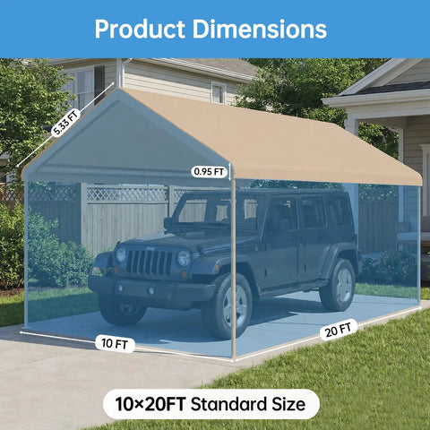 10x20 Ft Carport Replacement Canopy Top 800D Oxford Heavy Duty Waterproof Tarp Cover with dimensions shown over SUV