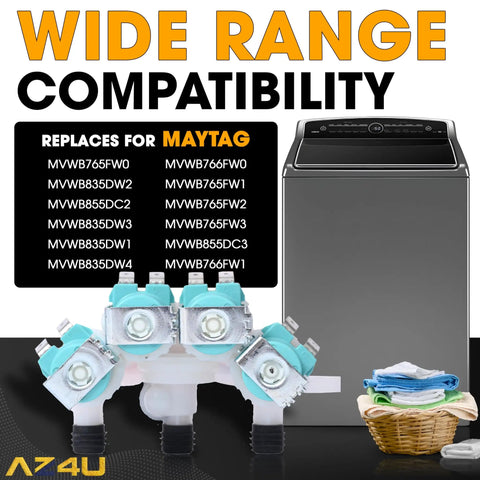 Washer Water Inlet Valve Replacement 120 V 60 Hz For Top Load Washers, valve with compatibility chart and top load washer beside basket
