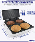 StarBlue 2-in-1 Indoor Electric Grill And Press With Non Stick Griddle Surface For Burgers And Breakfast, grilling burgers and buns.