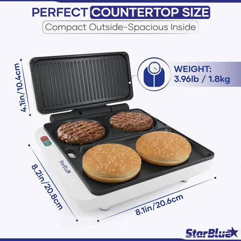 StarBlue 2-in-1 Indoor Electric Grill And Press With Non Stick Griddle Surface For Burgers And Breakfast, grilling burgers and buns.