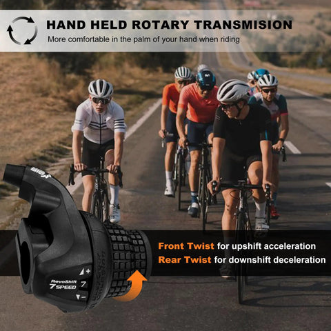 7 Speed Bike Shifter With Thumb Button And Downshift Lever Revoshift Right SL RS25 7R Gear Shifter with cyclists in background