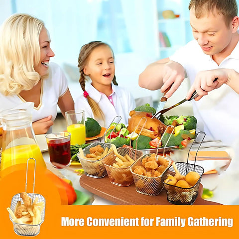 Family enjoying meal with Eight Pack Mini Square Fry Baskets For Fries And Sides, 4.1 By 3.3 By 2.6 Inch Table Serving Fry Baskets