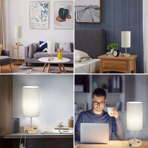Set Of 2 Bedside Lamps With USB Ports And AC Outlet Touch Control 3 Way Dimmable Wooden Base Nightstand Lamps with beige shade