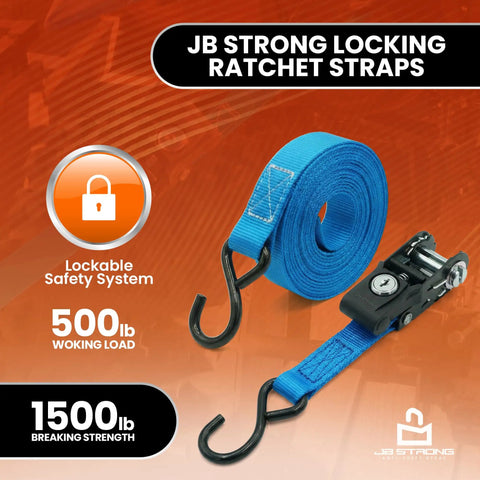 Lock It Down Pat With These Tangle Free Anti Theft Ratchet Straps 2 Pack featuring blue cut resistant webbing and lockable ratchet for secure tie downs.