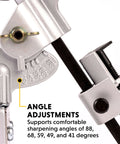 Close-up of General Tools Drill Grinding Attachment #825; silver metal drill-sharpening tool with angle-adjustment lever