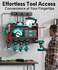 Heavy Duty 3 Layer Power Tool Organizer Wall Mount With Charging Station And 6 Outlet Power Strip Adjustable Metal Storage Rack Drill Holders Hooks And Drill Bit Rack For Garage And Workshop Red installed on wall