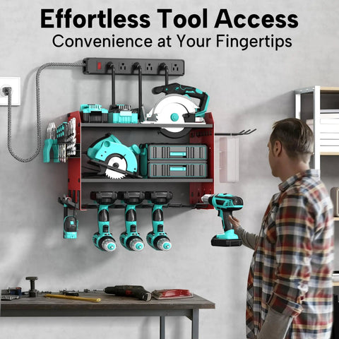 Heavy Duty 3 Layer Power Tool Organizer Wall Mount With Charging Station And 6 Outlet Power Strip Adjustable Metal Storage Rack Drill Holders Hooks And Drill Bit Rack For Garage And Workshop Red installed on wall