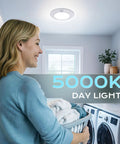 Motion Sensor LED Ceiling Light 120V 10W 5000K Daylight installed in laundry room, showing auto on off with motion feature.