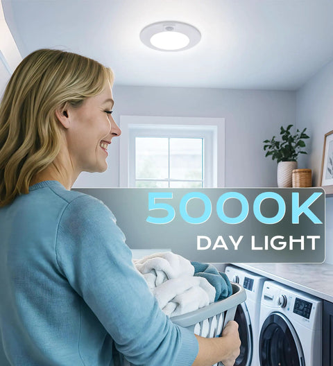 Motion Sensor LED Ceiling Light 120V 10W 5000K Daylight installed in laundry room, showing auto on off with motion feature.