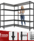 Beefy Heavy Duty 5 Tier Wire Shelving Unit, 73 Inch Wide, 71 Inch High, 17.7 Inch Deep, Garage Storage Solution, Commercial Grade Steel Shelves Holds Up To 1650 Lbs, Extra Wide Organization Rack, Easy Assembly with woman beside it