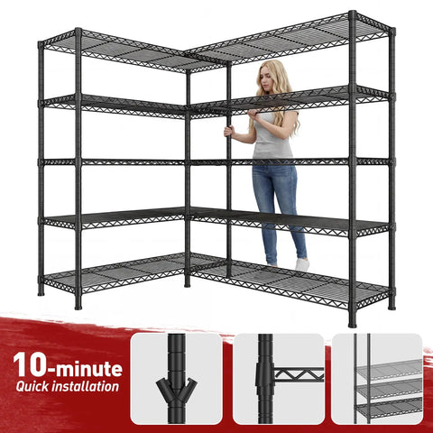Beefy Heavy Duty 5 Tier Wire Shelving Unit, 73 Inch Wide, 71 Inch High, 17.7 Inch Deep, Garage Storage Solution, Commercial Grade Steel Shelves Holds Up To 1650 Lbs, Extra Wide Organization Rack, Easy Assembly with woman beside it