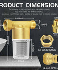 Top Notch 40 Micron Brass Inline Sediment Filter Keeps Your Water Flowing Smooth With Universal Fit For Washing Machine Shower And Garden Hose Featuring Reusable Anti Clogging Screen And Rust Resistant Body dimensions with brass fittings and sealing tape.