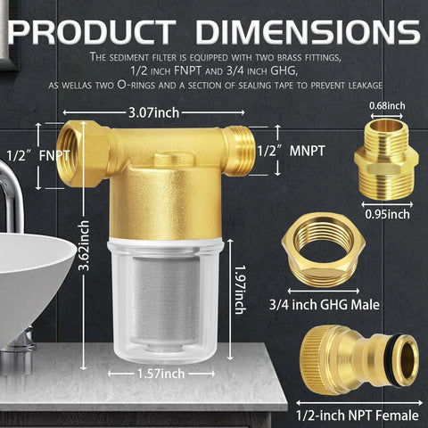 Top Notch 40 Micron Brass Inline Sediment Filter Keeps Your Water Flowing Smooth With Universal Fit For Washing Machine Shower And Garden Hose Featuring Reusable Anti Clogging Screen And Rust Resistant Body dimensions with brass fittings and sealing tape.