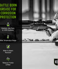 Sniper aiming a rifle, gun grease for corrosion protection benefits listed, highlighting products for firearm maintenance.