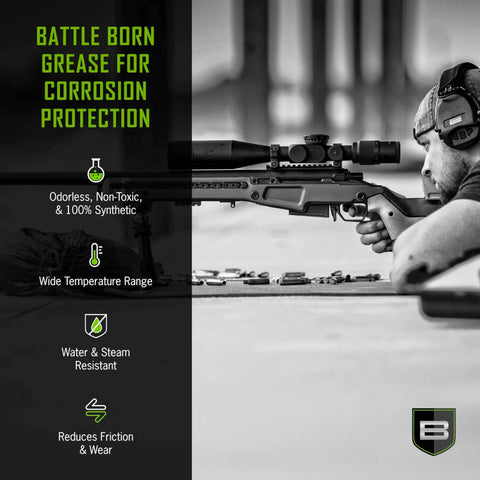 Sniper aiming a rifle, gun grease for corrosion protection benefits listed, highlighting products for firearm maintenance.
