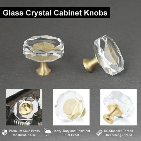 10 Pack Dope Brass Crystal Cabinet Knobs Set With Glass Crystal Gold Finish 1-1/4 Inch Polygon Decorative Dresser Pulls