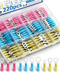 Heat Shrink Ring Terminals Kit 220 Pcs For 22 To 16 AWG with No 10, 1/4, 5/16, and 3/8 Inch Connectors in plastic case.