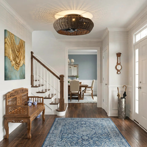 20" Boho Ceiling Fan with Light, Rattan Caged Ceiling Fan with Remote in a stylish hallway setting.