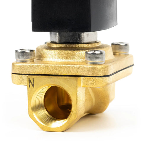 Close-up of the brass half inch solenoid valve showing the NPT connection and base with Viton seal, 110V AC normally closed for fluid control.