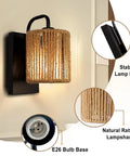 Boho Rattan Wall Sconce With Hemp Rope, E26 10 Inch Sconce, shows stable base, natural rattan lampshade, and E26 bulb base