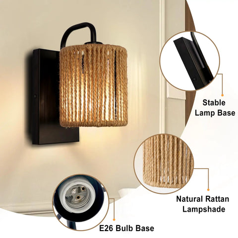 Boho Rattan Wall Sconce With Hemp Rope, E26 10 Inch Sconce, shows stable base, natural rattan lampshade, and E26 bulb base