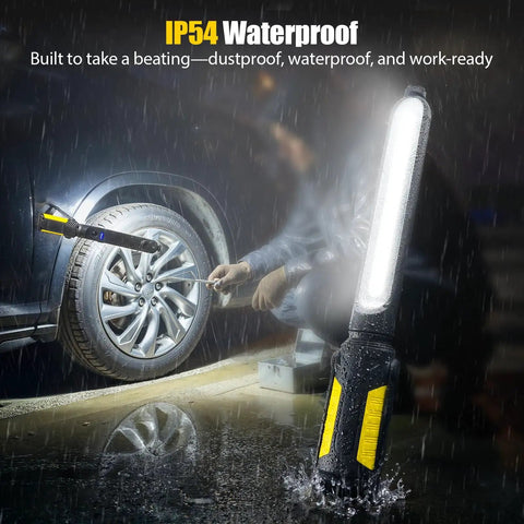 Magnetic LED Work Light for Mechanics With 2400LM Brightness, 4400mAh Rechargeable Battery, Dual Mode and Twin-Unit Link in rain