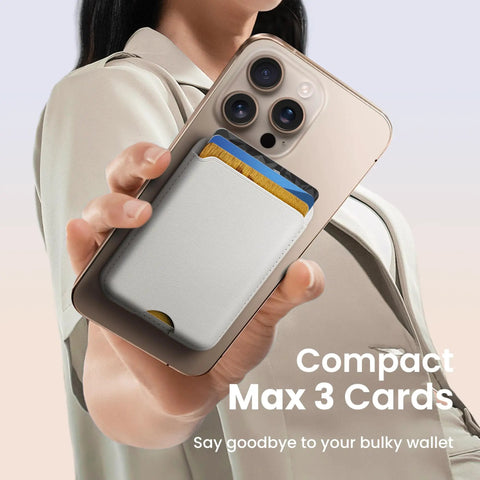 Woman showing Stronger Magnetic Wallet For iPhone 12 To 17 With MagSafe Compatibility, holding up to 3 cards.