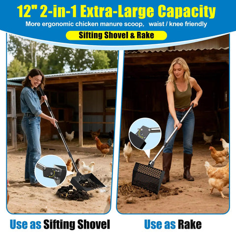 Two In One Chicken Poop Scooper And Rake With Adjustable Stainless Steel Handle for coop cleanup, shown in use by two people.