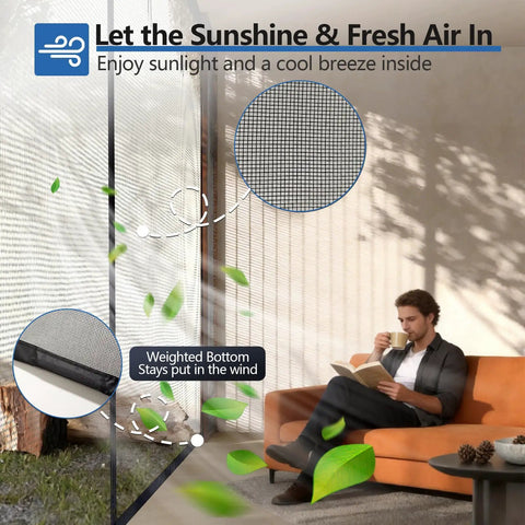 Man reading near Magnetic Closure Garage Door Screen 9 by 7 Feet for One Car, Hands Free Bug Blocking Fiberglass Mesh With Weighted Bottom
