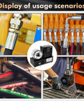Electric Hydraulic Hose Crimper Tool Featuring Eight Precision Dies For Professional Auto Shop Pipe Fitting Knockout Crimp Power shown in various usage scenarios.