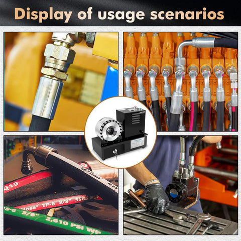 Electric Hydraulic Hose Crimper Tool Featuring Eight Precision Dies For Professional Auto Shop Pipe Fitting Knockout Crimp Power shown in various usage scenarios.