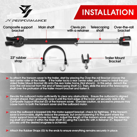 Adjustable Boat Transom Saver For Outboard Motors With Composite Head Transom Support No Fuss Protection For Your Engine And Keeps It Level Fits 23 To 35 Inches And Up To 100 HP installation guide showing components and assembly steps.
