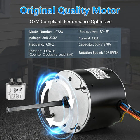 Heavy Duty Condenser Fan Motor Quarter Horsepower 1075 RPM 208 To 230 Volt One Point Eight Amp 48Y Frame HVAC Outdoor Cooling Unit visibility with motor specifications.