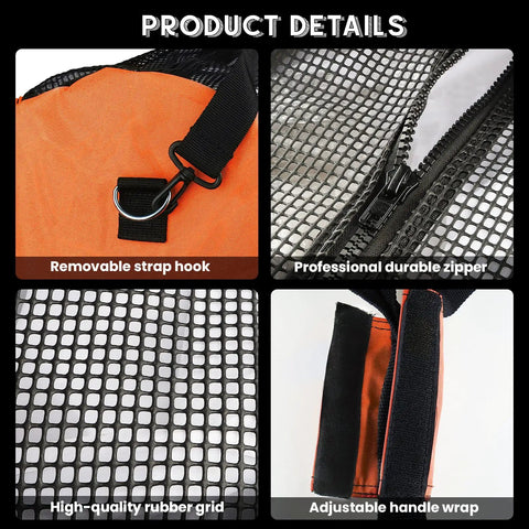 Close-up of 100L Mesh Dive Duffel Bag For Scuba Gear And Water Sports features: strap hook, durable zipper, rubber grid, handle wrap.