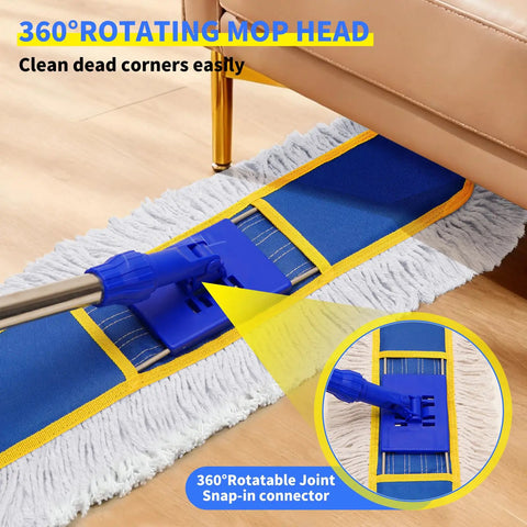 No Fuss Heavy Duty Commercial Dust Mop With 29.5 Inch Head And 61 Inch Handle Includes Two Washable Cotton Pads For Wet Or Dry Use on hardwood floors, showcasing a 360° rotating mop head.