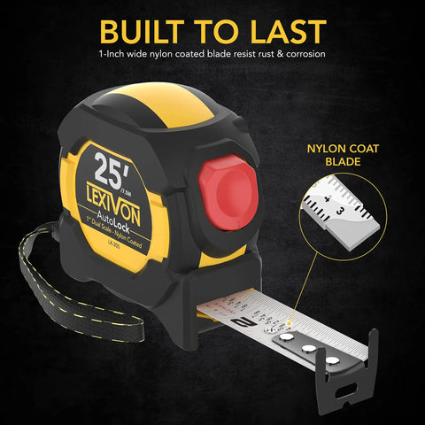 AutoLock Tape Measure 25 Feet 7 And A Half Meters With 1 Inch Nylon Coated Blade Dual Sided White Yellow Matte Scale Feet Inches Fractions And Metric Tough As Nails ABS Case True Zero Multi Catch Hook For Inside And Outside Measuring built to last