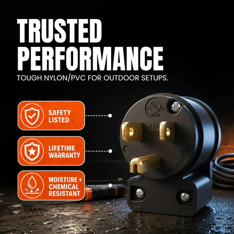 8 Position Clockable Right Angle Plug That Lets Your Cord Go Any Way 15A 125V NEMA 5 15P 2 Pole 3 Wire Straight Blade Replacement Extension Cord End Commercial Grade Black Pack Of 10 shown in promotional image highlighting tough nylon/PVC build.