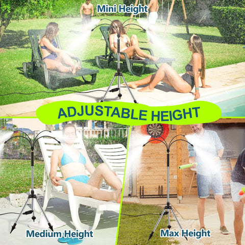 Outdoor Standing Misting System For Patio And Backyard Keeps It Cool With 4.1Ft Adjustable Height Triangular Tripod Base Four Flexible Spray Tubes Portable Water Cooling Mister For Patio Pool Camping And Deck showing mini, medium, max height settings.
