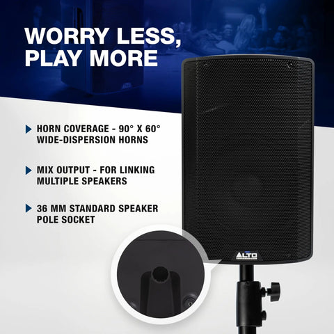 Front view of TX412 700W 12 Inch Powered PA Speaker with TWS Bluetooth on stand, showing features for outdoor DJ or band performances.