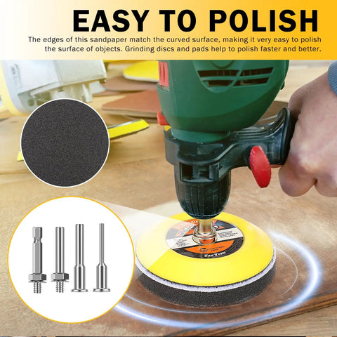 All In One Pro Grade Drill Polishing Kit For DIYers With 215 Pcs 3 Inch Wet Dry Sandpaper in use on wood surface