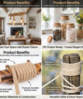 Collage of Heavy Duty Half Inch Jute Rope 25 Feet For DIY Cat Scratching Posts Hammocks Nautical Decor And Home Projects Tight Four Strand Twist Strong 880 Lb Working Load in home decor and project settings.