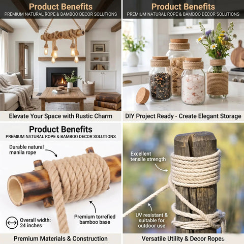 Collage of Heavy Duty Half Inch Jute Rope 25 Feet For DIY Cat Scratching Posts Hammocks Nautical Decor And Home Projects Tight Four Strand Twist Strong 880 Lb Working Load in home decor and project settings.