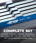 Close-up of Precision Router Table Setup Bars Set Of Seven Gauge Measuring Sticks in storage case, showing sizes and accurate measurements.