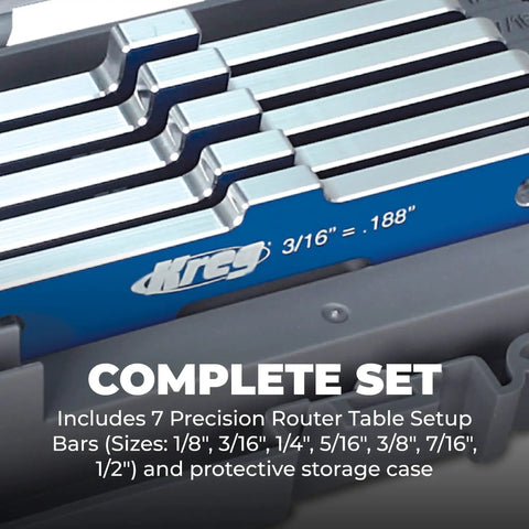 Close-up of Precision Router Table Setup Bars Set Of Seven Gauge Measuring Sticks in storage case, showing sizes and accurate measurements.