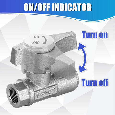Front view of metal 3/8-inch NPT ball valve for power washer hose with ON/OFF knob.