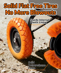 Close-up of orange Flat Free 16 Inch Wheelbarrow Tire And Wheel Set Puncture Proof with sturdy plastic lining for heavy-duty work