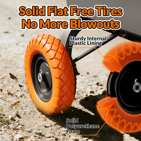 Close-up of orange Flat Free 16 Inch Wheelbarrow Tire And Wheel Set Puncture Proof with sturdy plastic lining for heavy-duty work