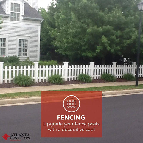 Brown 4x4 Pyramid Post Cap For Outdoor Fences And Decks, Fits 3.5x3.5 To 3.75x3.75 Posts, garden with white fence