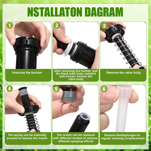 Adjustable Sprinkler Heads 8 Pack For Lawns And Gardens No Sweat Setup Full Circle Rotating Arc installation steps diagram